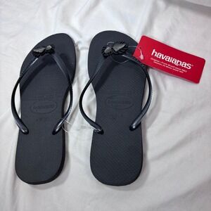 Havaianas Slim Tropical Flip Flops Women 11/12W Black Leaf Detail NWT Sandals